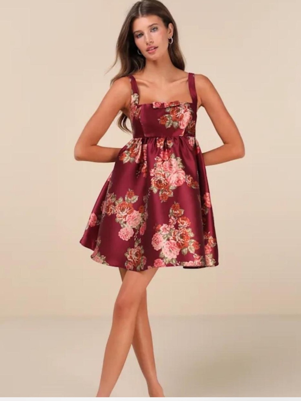 Lulus Unbelievably Lovely Red Floral Babydoll Empire Waist Mini Dress